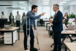 Funcionário usando muletas, aponto de forma acusatória para seu chefe, dentro de um escritório onde vemos outros funcionários ao fundo