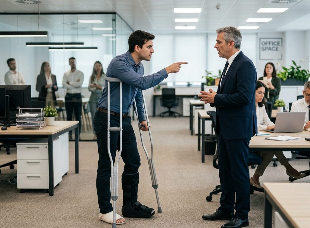 Funcionário usando muletas, aponto de forma acusatória para seu chefe, dentro de um escritório onde vemos outros funcionários ao fundo