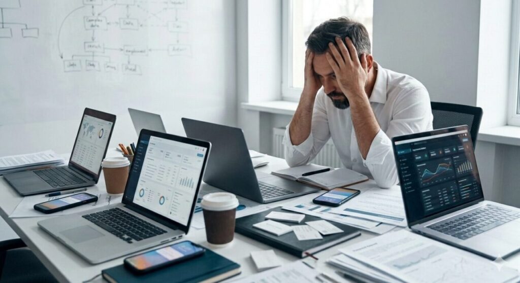 Profissional com semblante de preocupado, em escritório, diante de mesa cheia de notebooks ligados, exibindo cifras e gráficos.