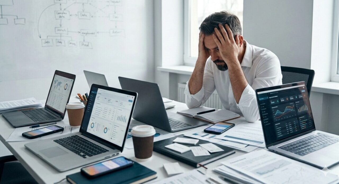 Profissional com semblante de preocupado, em escritório, diante de mesa cheia de notebooks ligados, exibindo cifras e gráficos.