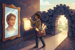 Imagem similar a um desenho animado mostra um jovem carregando planos e livros de estudos em uma bolsa na qual transporta ideias. Ele acaba de passar por um portal, entrando em um pátio no qual encontra um espelho de si mesmo, enquanto abre um documento mágico