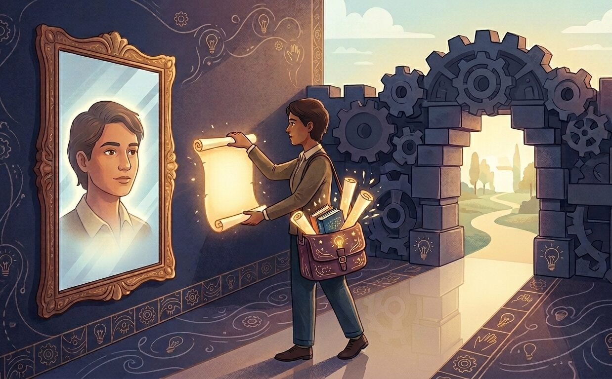 Imagem similar a um desenho animado mostra um jovem carregando planos e livros de estudos em uma bolsa na qual transporta ideias. Ele acaba de passar por um portal, entrando em um pátio no qual encontra um espelho de si mesmo, enquanto abre um documento mágico