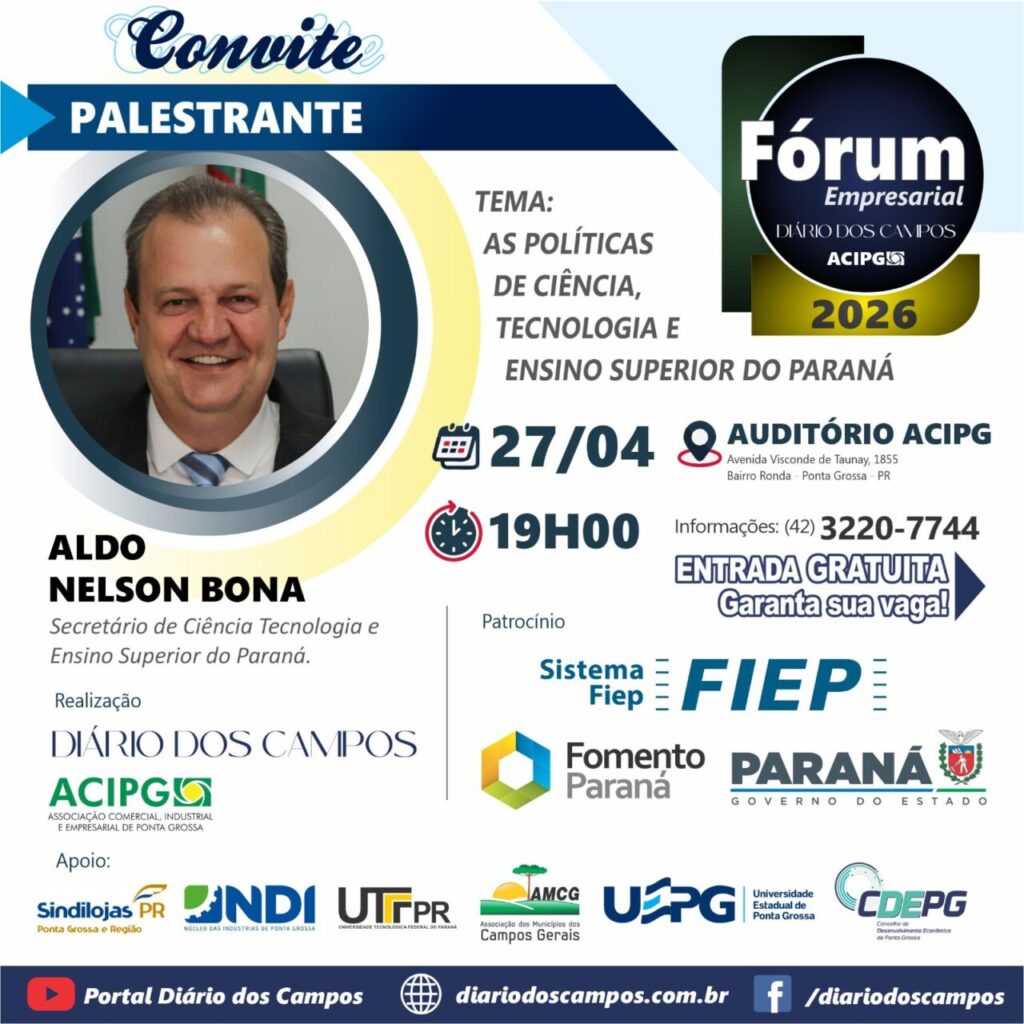 Arte de divulgação da palestra com Aldo Bona no Fórum Empresarial 2026 do Diário dos Campos