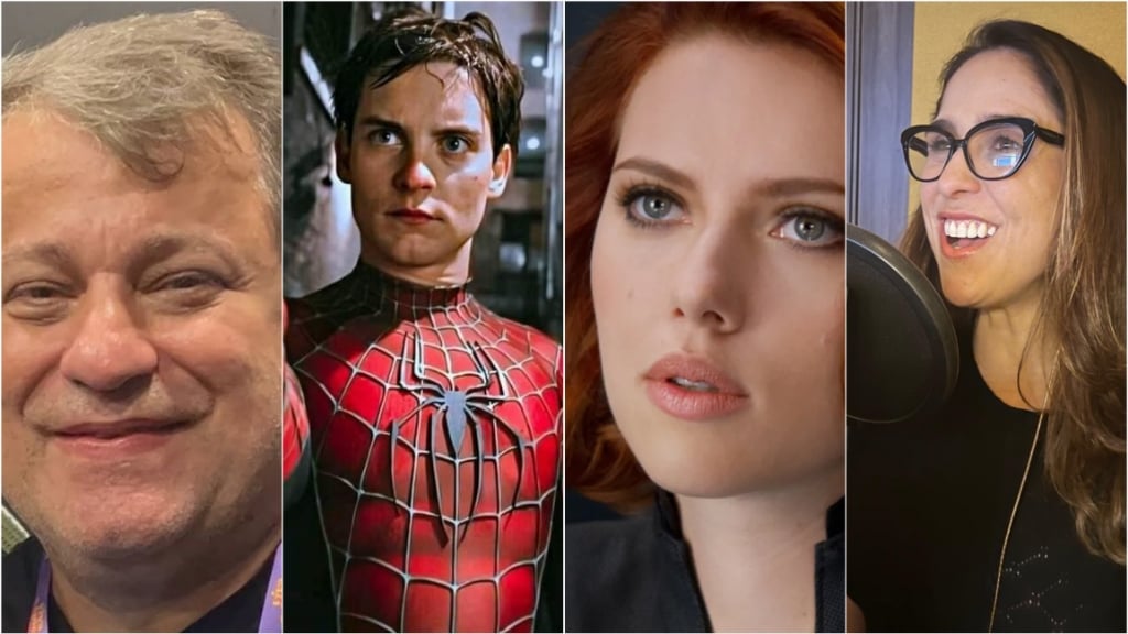 Edição com fotos do dublador Manolo Rey, personagens Homem-Aranha de Tobey Maguire e Viúva Negra de Scarlet Johansson, e dubladora Fernanda Baronne