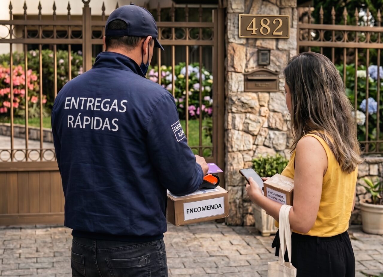 FOTO GERADA POR IA PARA ILUSTRAR GOLPE COM FALSA ENTREGA E MAQUININHA DE CARTÃO