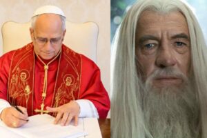 Primeira foto mostra o Papa Leão assinando um documento, com suas vestes tradicionais vermelhas, sentado em uma cadeira olhando para os papéis. A segunda foto mostra o personagem Gandalf, de O Senhor Dos Anéis, interpretado por Ian McKelly
