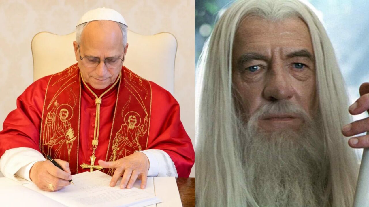 Primeira foto mostra o Papa Leão assinando um documento, com suas vestes tradicionais vermelhas, sentado em uma cadeira olhando para os papéis. A segunda foto mostra o personagem Gandalf, de O Senhor Dos Anéis, interpretado por Ian McKelly