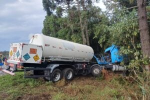 Caminhão que transportava oxigênio colidido no meio de árvores após acidente na BR-376