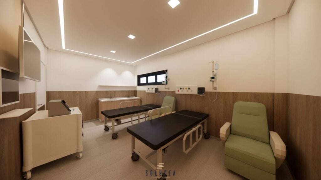 Projeção de como deve ficar a sala de atendimento em oncologia da Santa Casa de Ponta Gossa