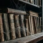 Livros antigos, cobertos por poeira e teias de aranha, em uma estante antiga