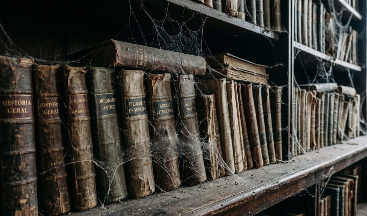Livros antigos, cobertos por poeira e teias de aranha, em uma estante antiga