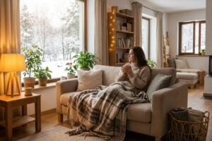 Mulher coberta por uma manta sentada no sofá em casa, em um dia frio, em foto ilustrativa de inverno