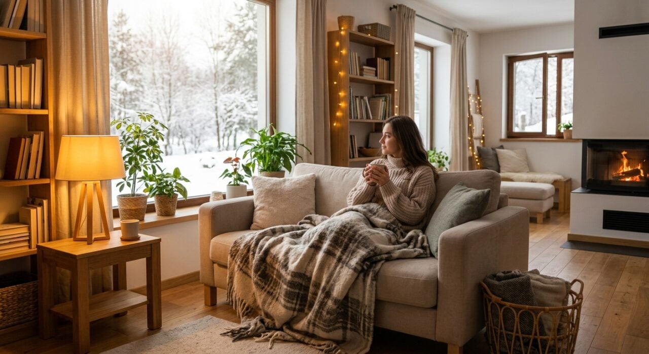 Mulher coberta por uma manta sentada no sofá em casa, em um dia frio, em foto ilustrativa de inverno