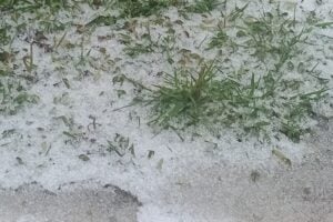 Granizo em gramado de residência na região do Bairro Boa Vista, em Ponta Grossa