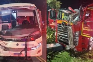 Caminhão do Copor de Bombeiros após acidente em Tibagi