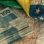 Nortas de cem em cima de uma mapa mundi e a bandeira do Brasil ao lado