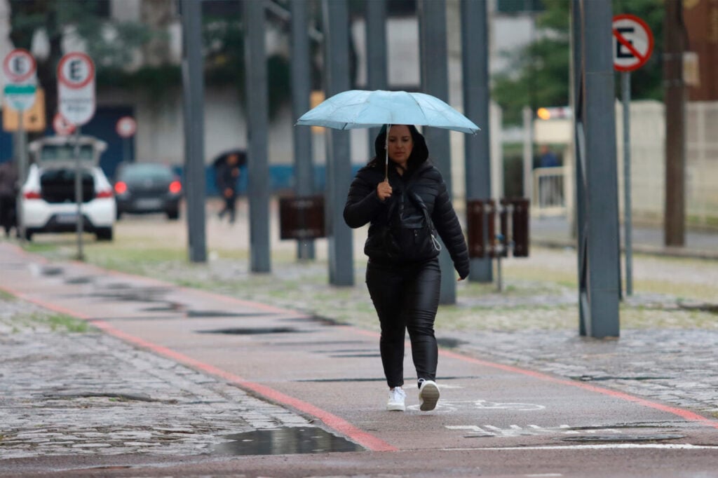 Mulher andando com guarda-chuva