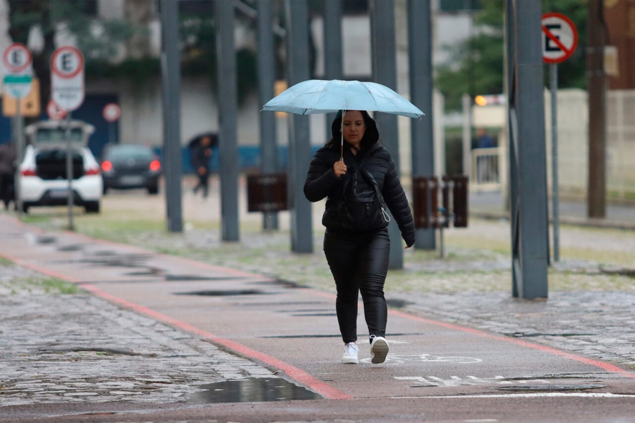 Mulher andando com guarda-chuva