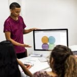 Foto ilustrativa mostrando rapaz apresentando uma tela ao público, sobre o tema fala e oratória